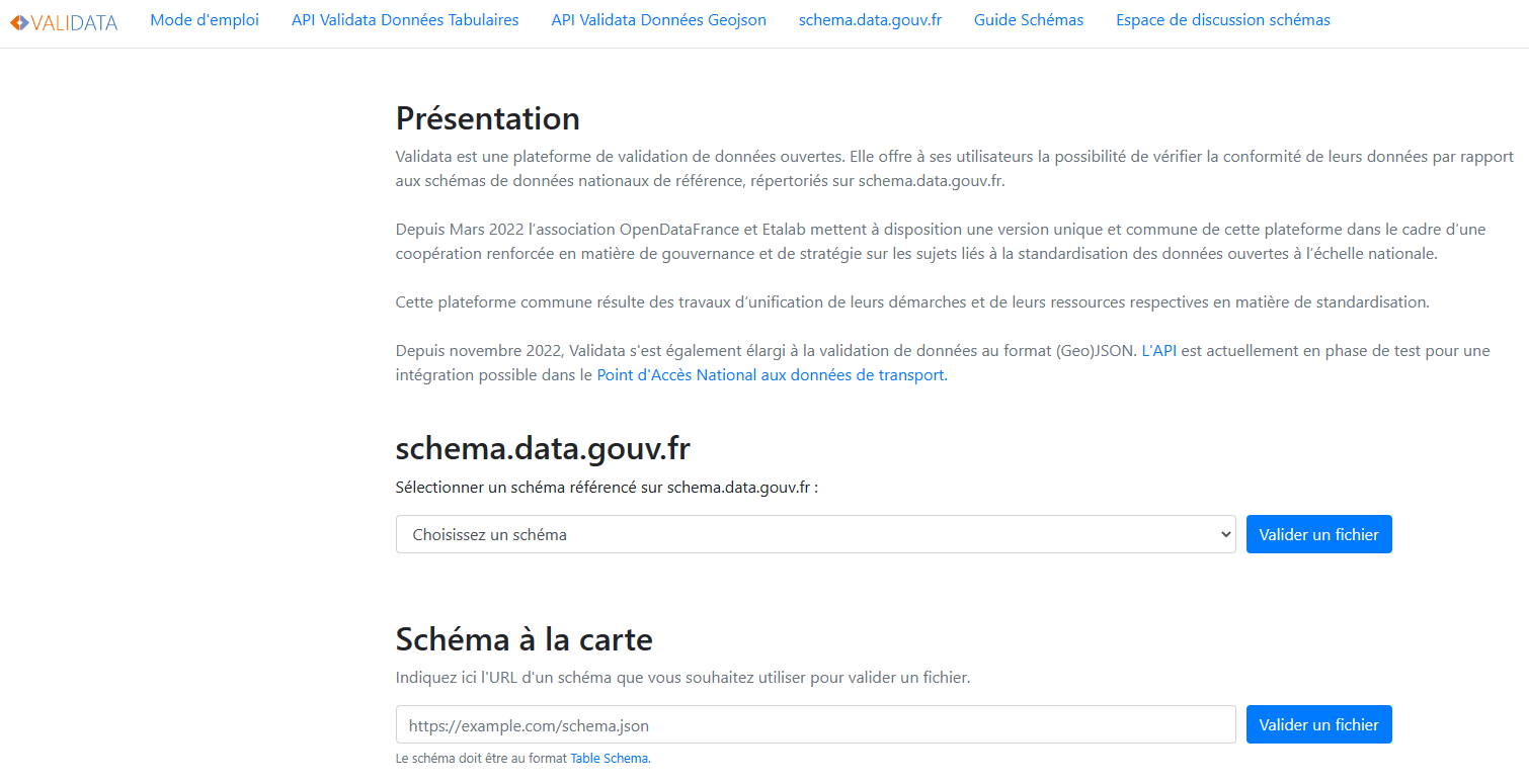 Capture d'écran du menu de validata